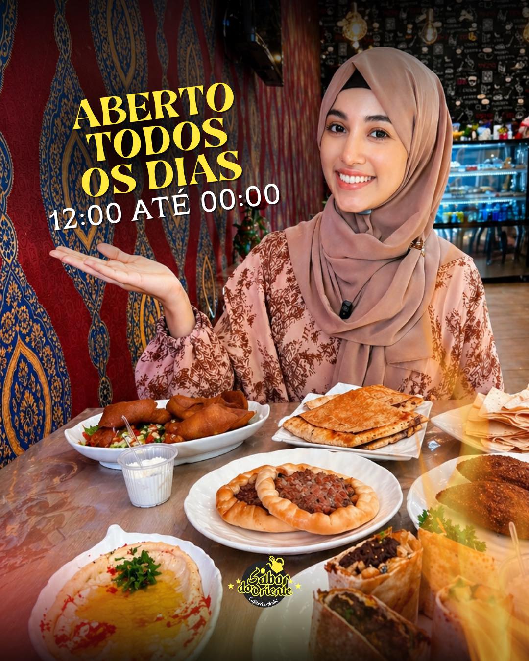 Mesa farta com mezze, esfiha, homus e shawarma no Sabor do Oriente