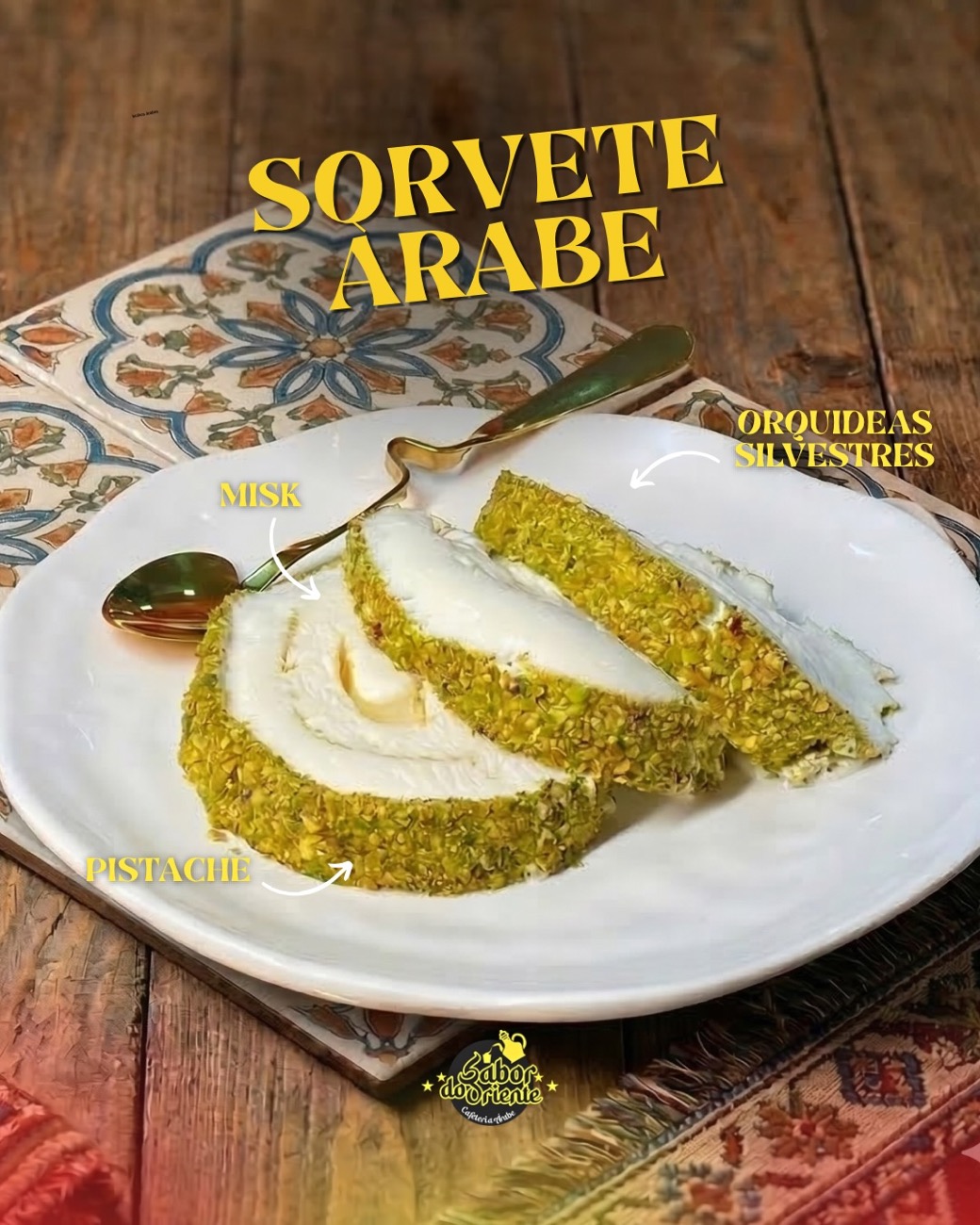 Sorvete árabe (booza) com pistache servido no Sabor do Oriente